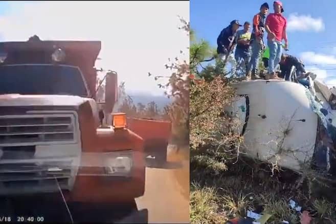 Una cámara captó el momento en que un camión volquete colisionó con un autobús en Villa de Leyva