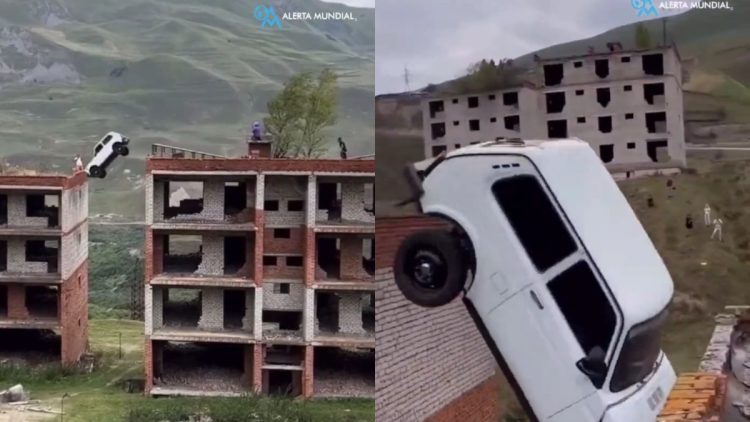 El impresionante vídeo muestra una furgoneta cayendo desde una altura de más de quince metros en una prueba insólita