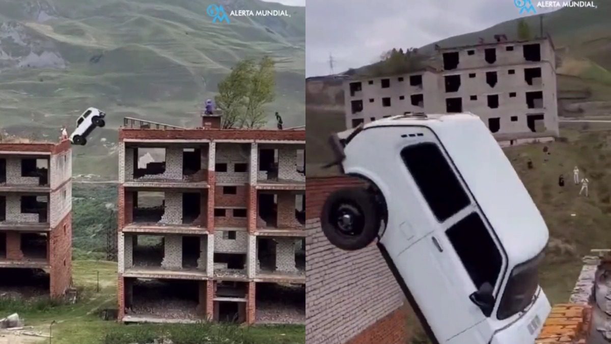 El impresionante vídeo muestra una furgoneta cayendo desde una altura de más de quince metros en una prueba insólita ➤ Buzzday.info