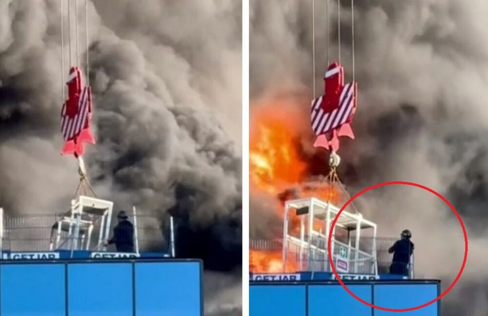 Impresionantes imágenes: un trabajador fue rescatado desde lo alto de un voraz incendio ➤ Buzzday.info