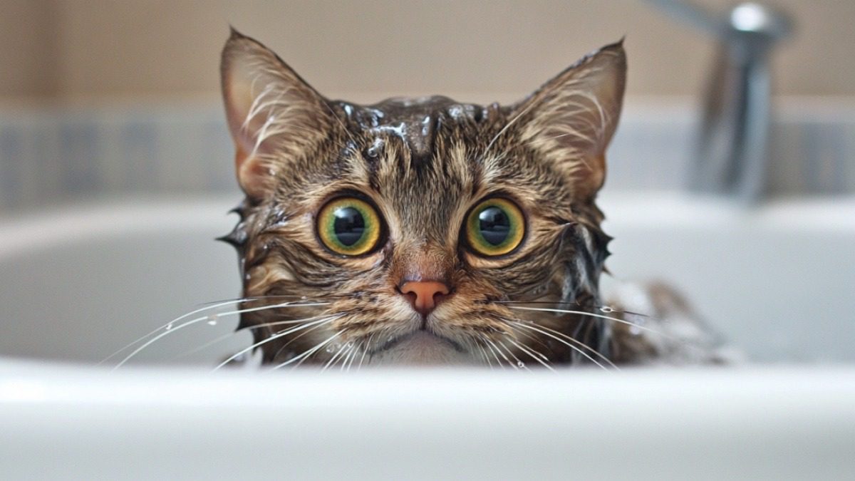 IN DER BADEWANNE LIEGEND: DIE REAKTION DER VERRÜCKTEN KATZE SPRICHT BÄNDE