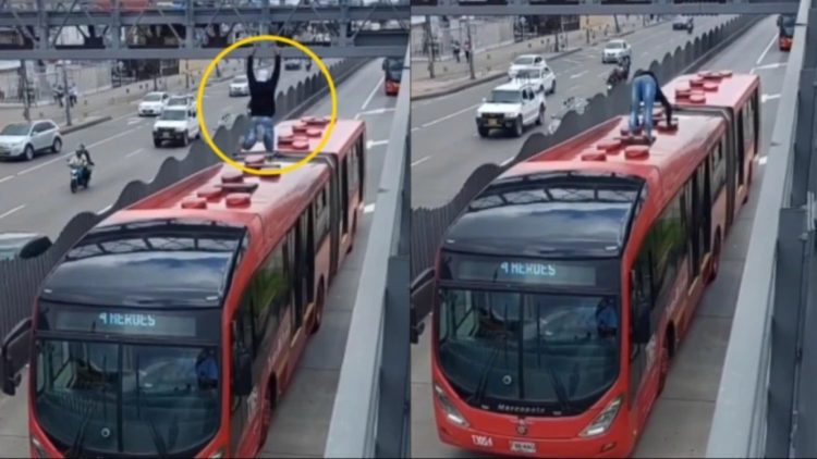 Un hombre saltó de un puente peatonal y aterrizó en un bus de TransMilenio, incluso realizando un salto mortal