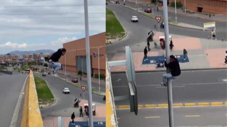 ¿Se cree Mario Bros? Un hombre saltó de un puente peatonal y luego rodó por un poste