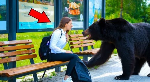 Un oso sigue a una mujer en una parada de autobús ➤ Buzzday.info