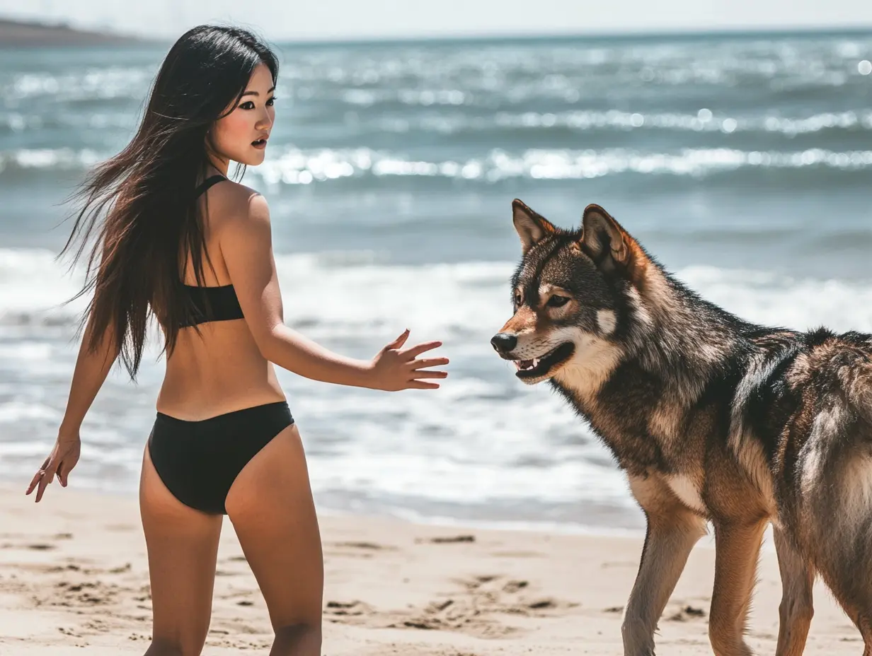 海辺でオオカミに襲われた女性、オオカミを追って海へ。