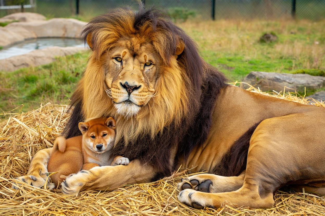 子犬がライオンの檻に滑り込む – 動物園の飼育員がカメラに捉えた光景は信じられない！