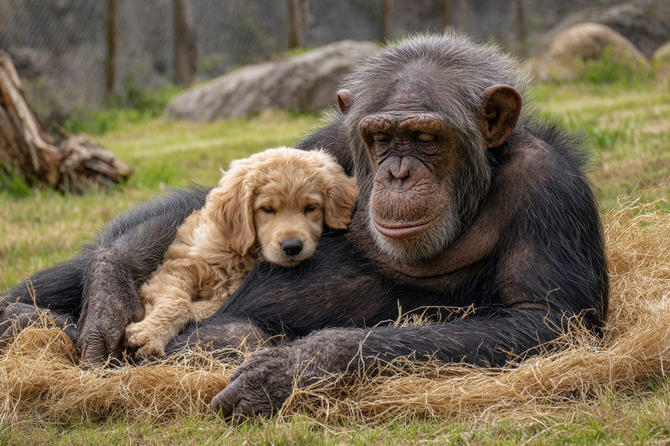 Cachorro se cuela en el recinto de los chimpancés: ¡Lo que los cuidadores presencian a continuación es asombroso!