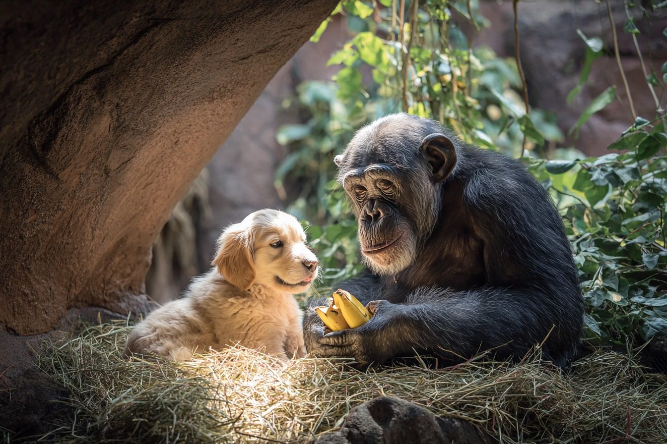 Cachorro se cuela en el recinto de los chimpancés: ¡Lo que los cuidadores presencian a continuación es asombroso!