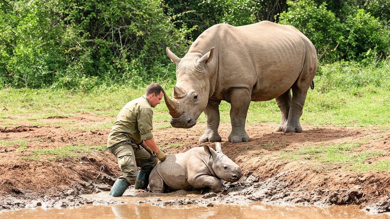 Човек покушава да склони бебу носорога са пута. Када се приближи, схвати да нешто није у реду ➤ Buzzday.info