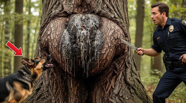 Perro policía retirado no deja de ladrar a un árbol, y su dueño descubre mucho más que madera en su interior